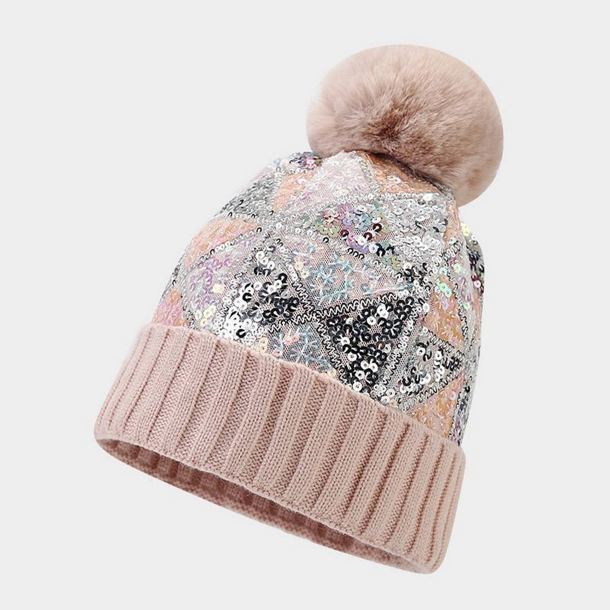 COLORFUL SEQUINED POM-POM KNITTED HAT_CWAH1613