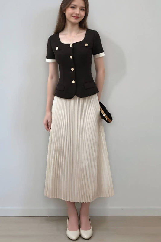 CWSTB2127_SQUARE NECK SHORT SLEEVE TOP & PLEATED SKIRT SET