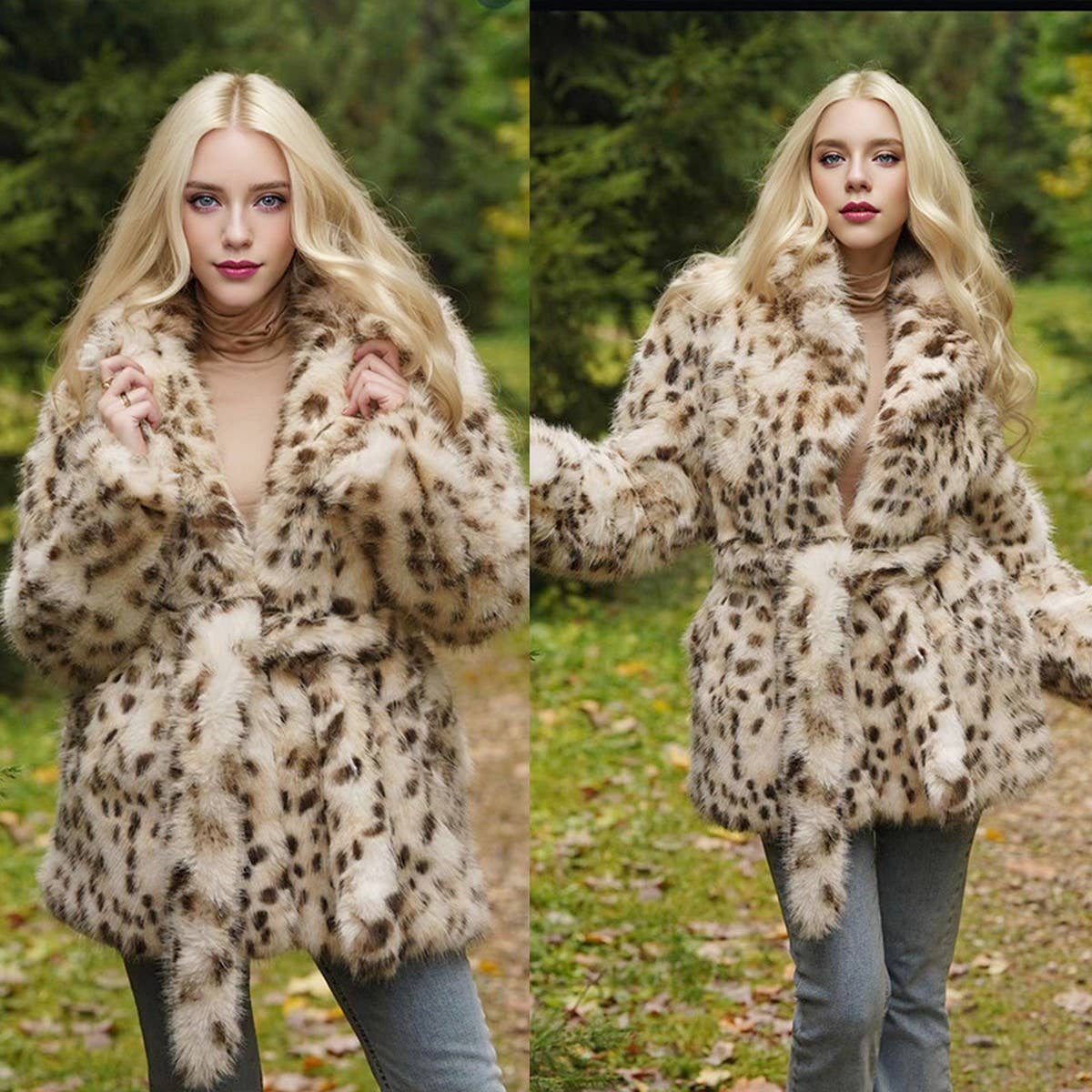 Leopard Faux Fur Belted Coat Women Mid Length