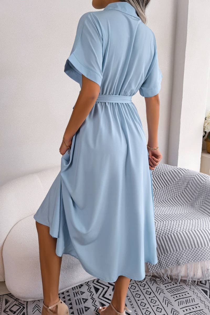 CWDMD2660_SUMMER CASUAL LOOSE LACE-UP SHIRT DRESS LONG