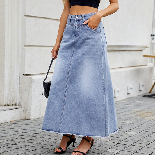 Women?™s High Waist Denim Midi Skirt with Pockets_CWJSK0203