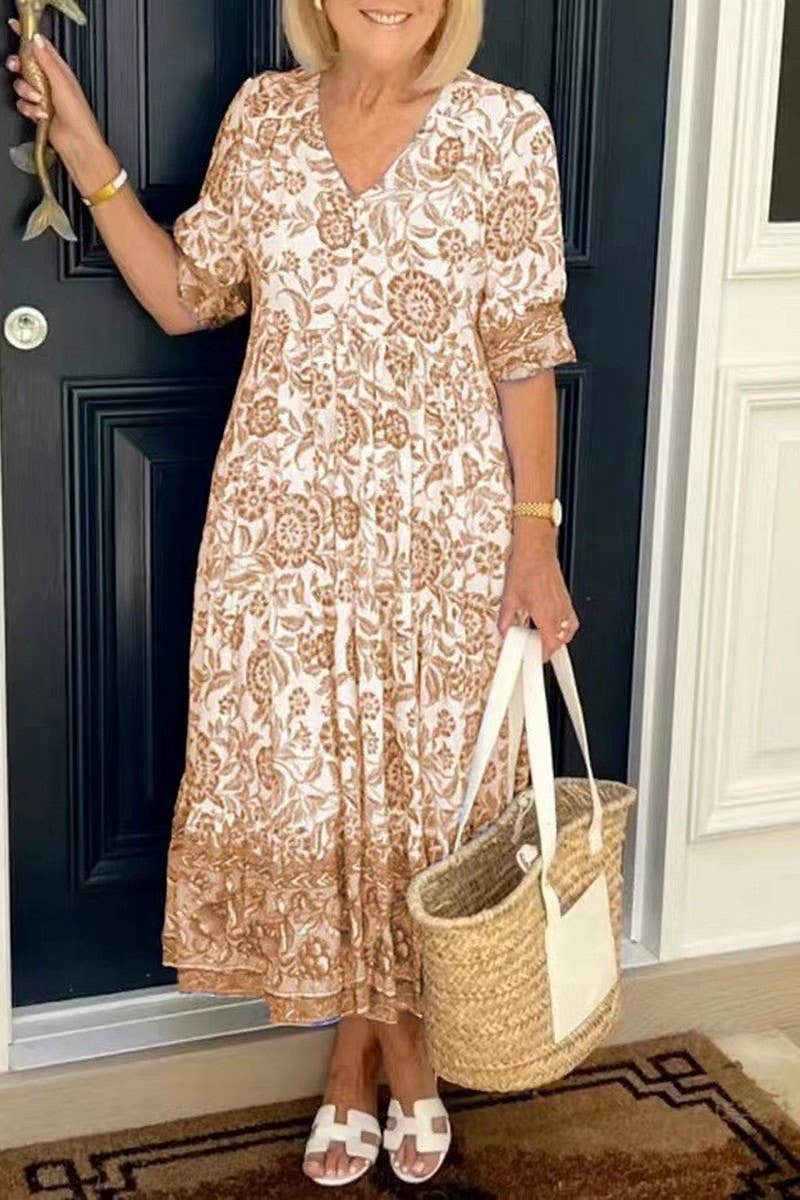 CWDSD10560_ELEGANT LONG FLORAL TIE-DYE PRINT DRESS