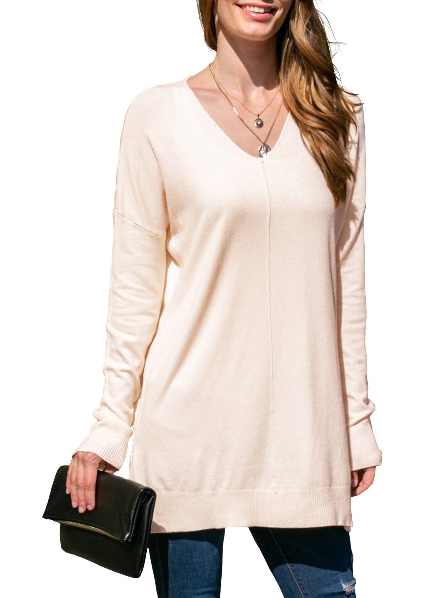 CWOSWL1826_V NECK LOOSE FIT TUNIC LENGTH SOFT SWEATER TOP