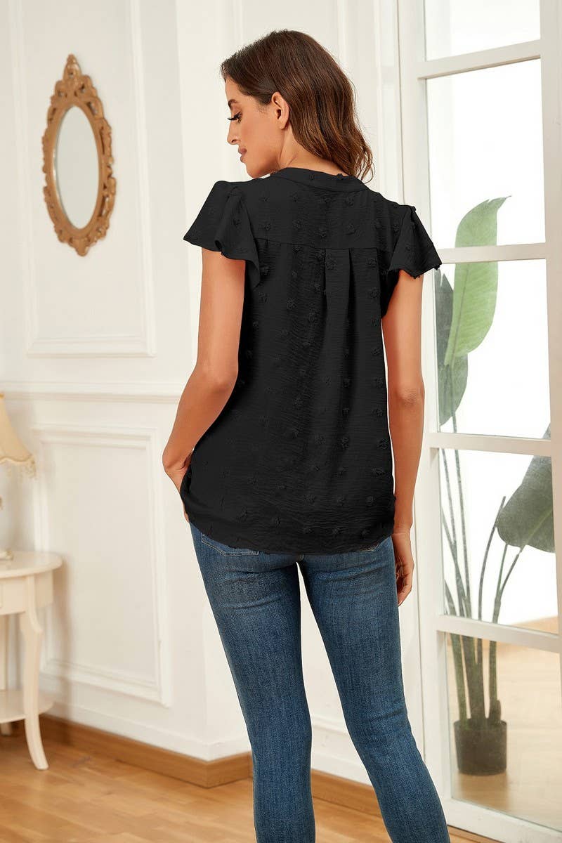 CWTBLS0606_V-NECK RUFFLED SLEEVE CHIFFON SHORT-SLEEVED TOP