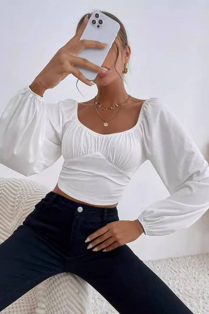 CWTBLL2226_SQUARE NECK LANTERN SLEEVES SHORT SOLID COLOR TOP