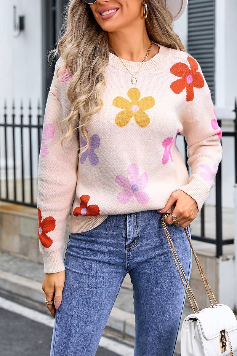 CWOSWL3103_CREW NECK FLORAL PULLOVER SWEATER