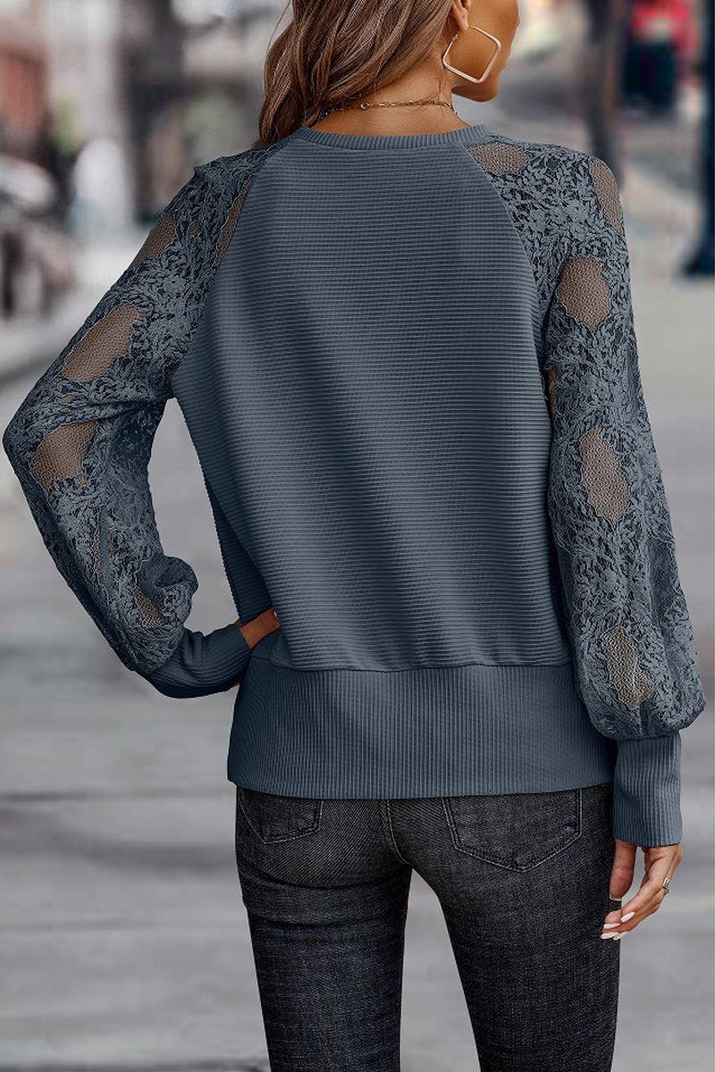 CWTBLL3754_V-NECK LACE KNITTED LOOSE LONG-SLEEVED TOP