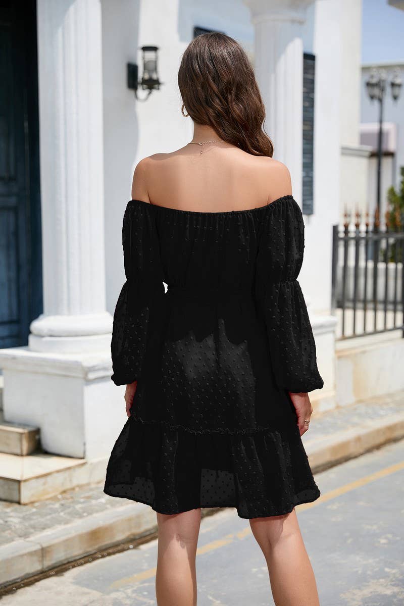 CWDSD8400_OFF SHOULDER POM POM CHIFFON BELTED DRESS
