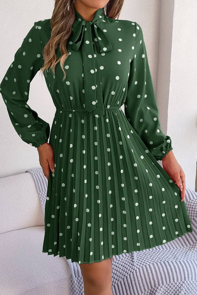 CWDSD4684_SUMMER POLKA-DOT WAIST LONG SLEEVE PLEATED DRESS
