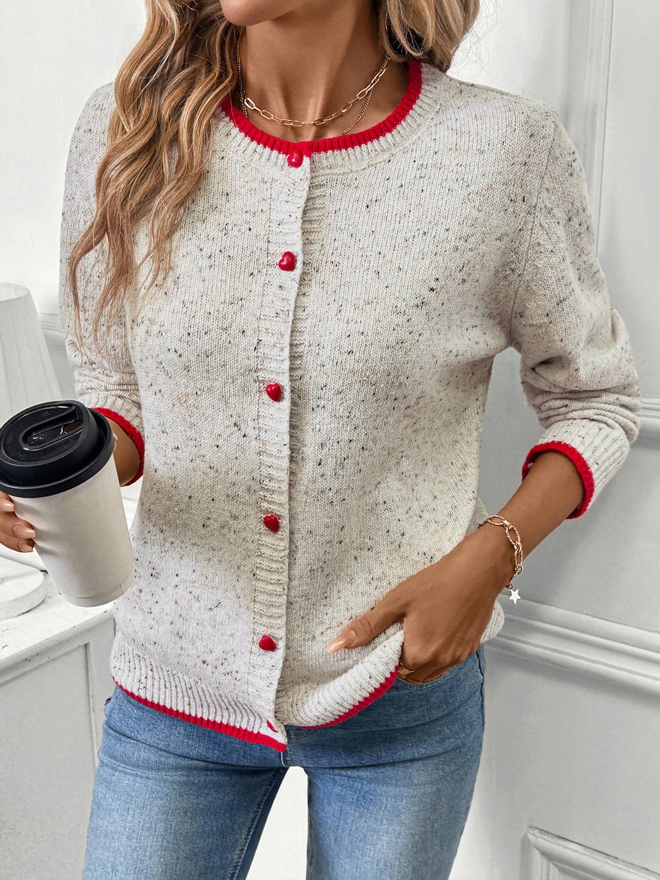Casual color-blocking elegant knitted cardigan