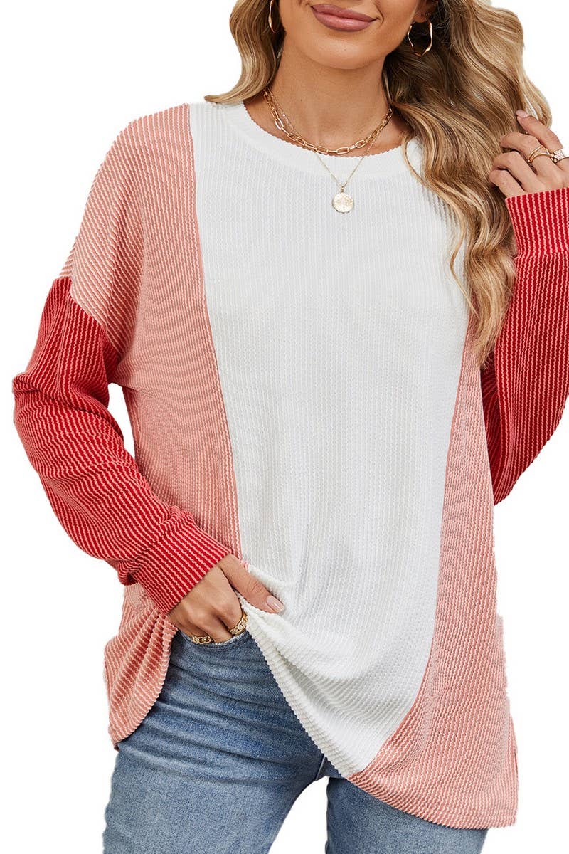 CWTBLL2358_ROUND NECK LOOSE STITCHING LONG SLEEVE TOP