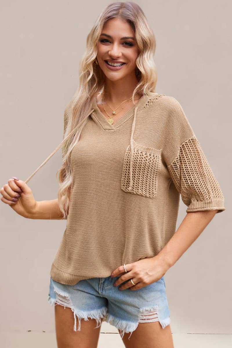 CWTBLS0745_SHORT-SLEEVED CUT-OUT HOODED SWEATER TOP