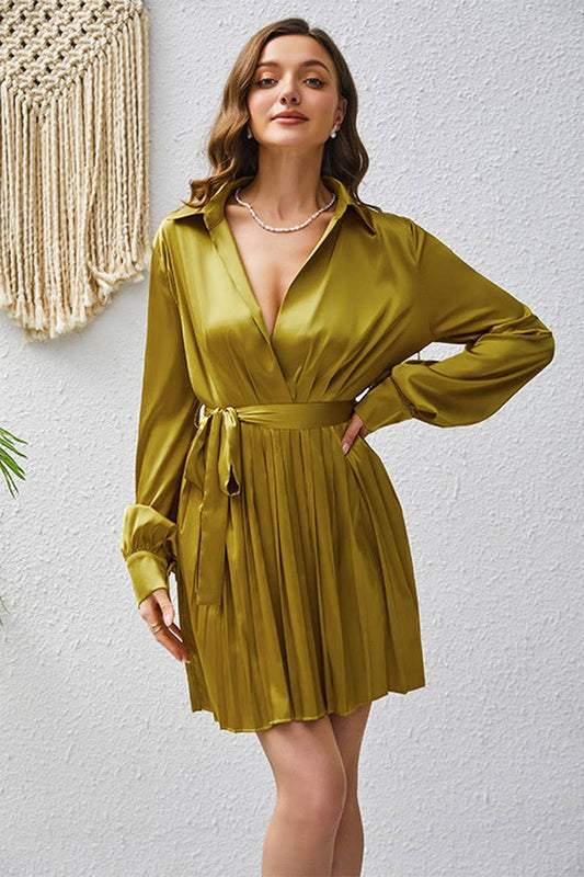 CWDSD10675_LONG SLEEVE POLO NECK BELTED PLEATED DRESS