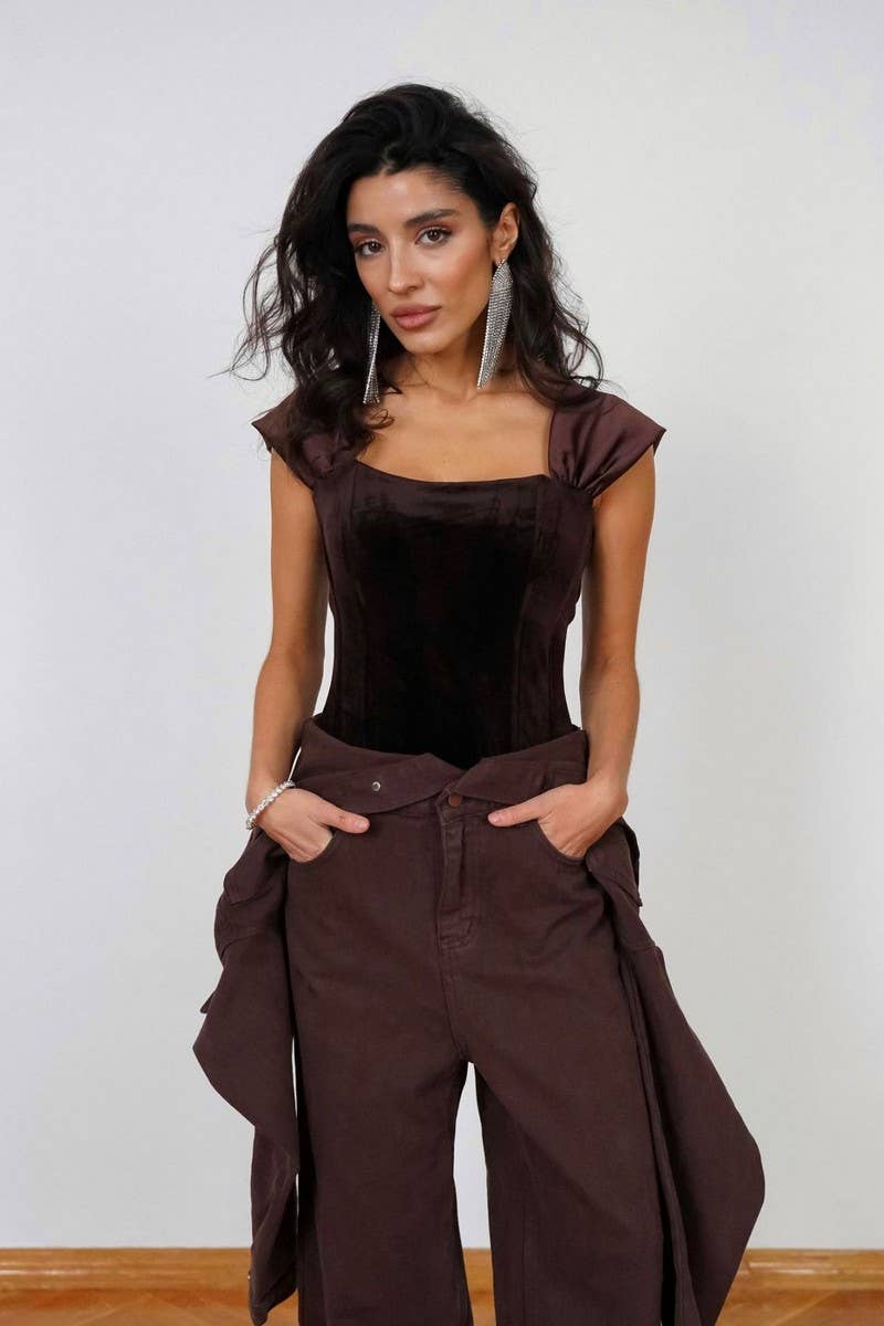 CWTTK0702_VELVET HERRINGBONE ZIP-UP WAIST CAMISOLE TOP