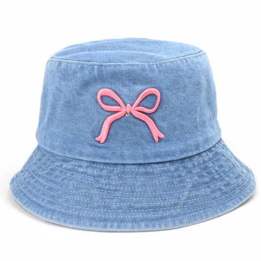 WASHED SUNSCREEN EMBROIDERED BOW BUCKET HAT_CWAH1540