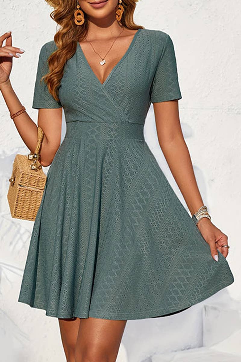 CWDSD7646_EMBROIDERED HOLLOW ELASTIC WAIST SHORT DRESS