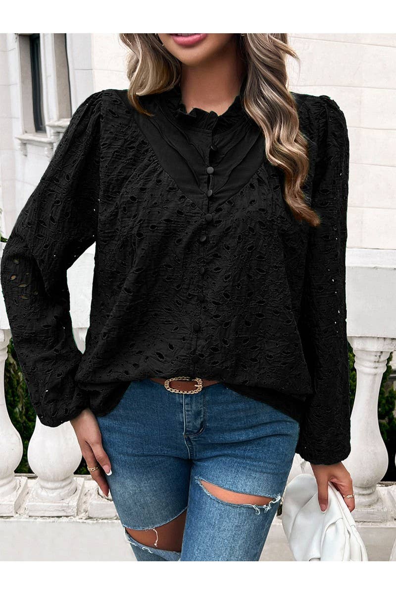 CWTBLL1140_Fashion Woven Hollow Puffy Sleeve Blouse