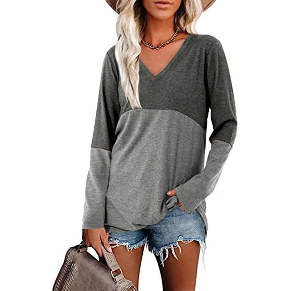Color contrast patchwork V-neck long sleeve Tshirt