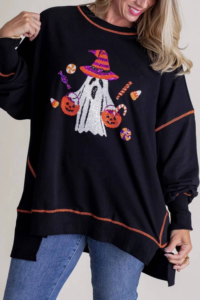 CWTBLL01276_HALLOWEEN GHOST SEQUIN EMBROIDERED SWEATSHIRT