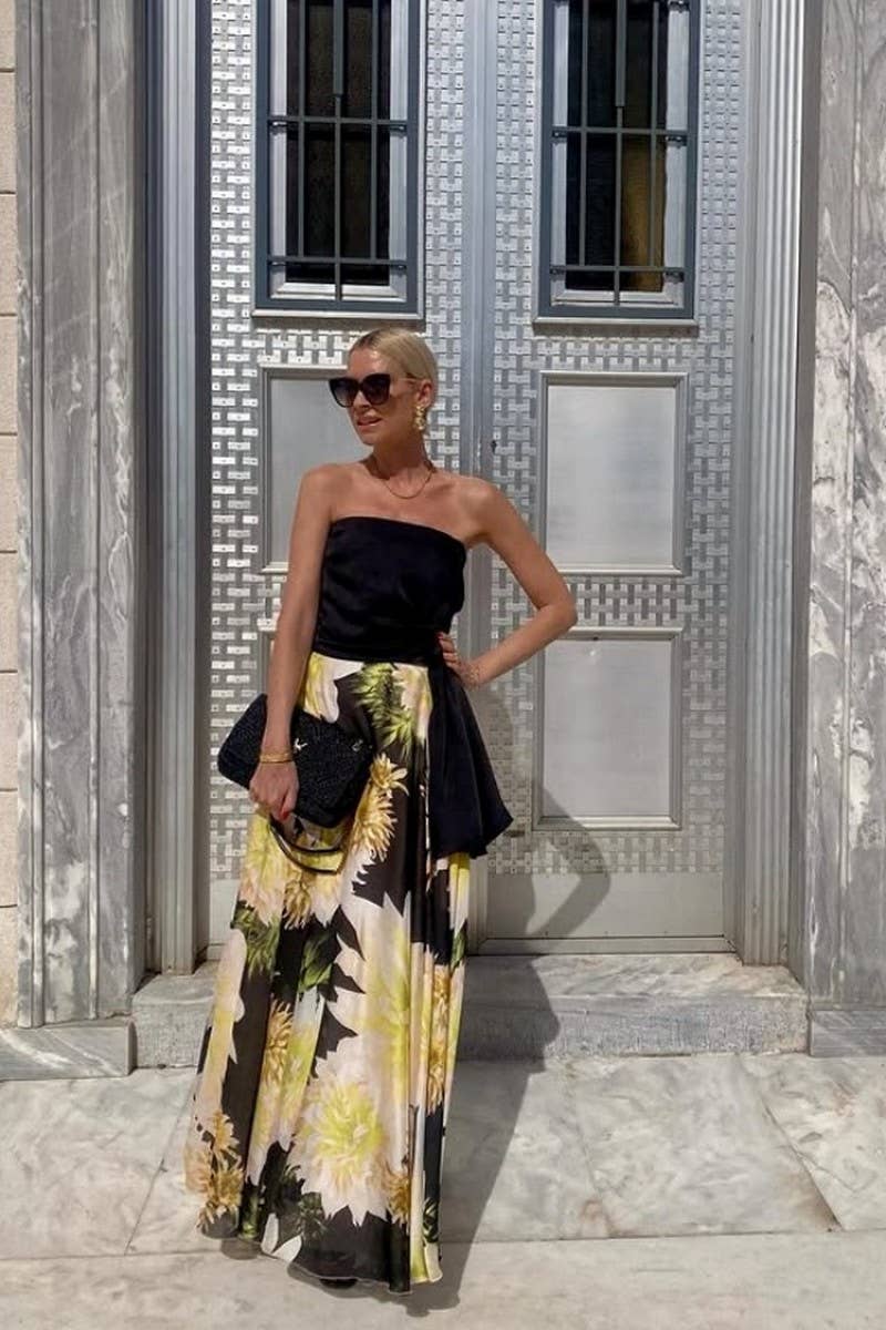 CWSTB340_BANDEAU TOP AND PRINTED SWING SKIRT SET