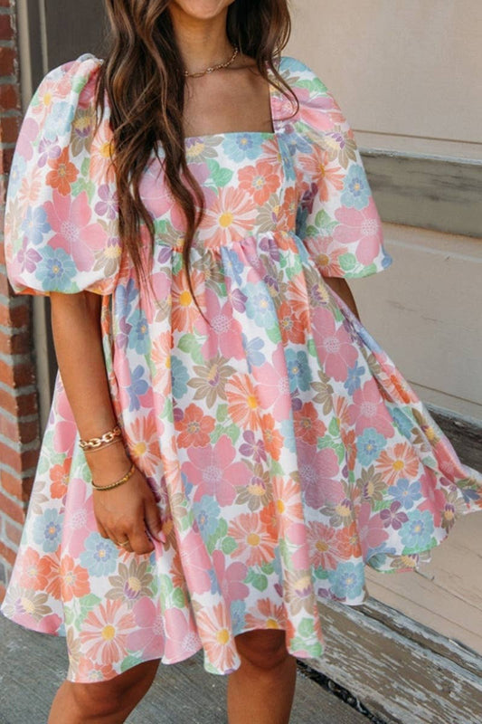 CWDSD5153_SQUARE COLLAR SHORT SLEEVE PRINTED DRESS SHORT