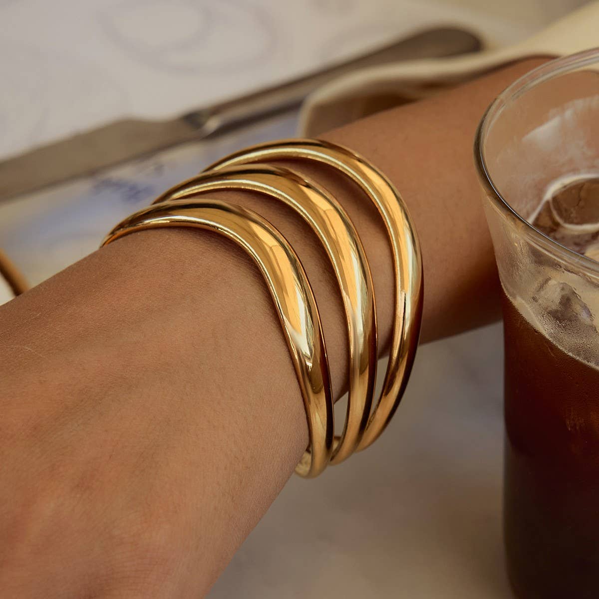 Minimalist 3-Layer Open Bangle, 18K Gold Steel