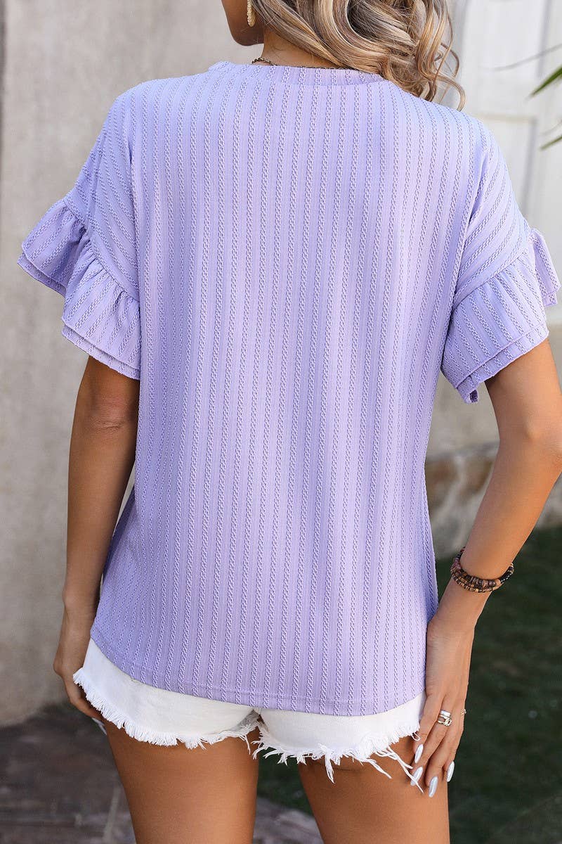 CWTBLS0906_ROUND NECK SHORT SLEEVE SHIRT WITH LOTUS SLEEVES