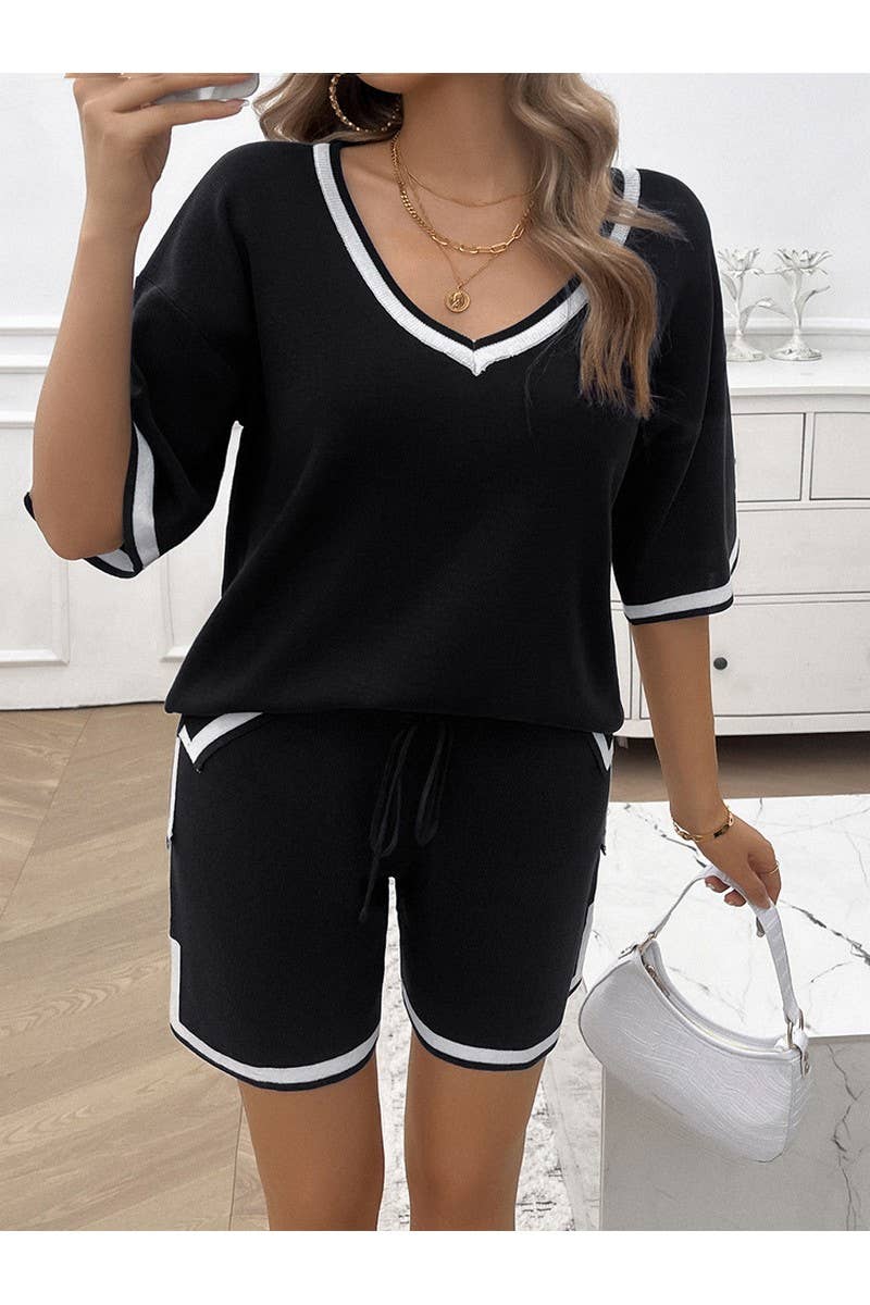 CWSTB0665_CASUAL LOOSE V-NECK SHORT SLEEVED SHORTS KNIT SET