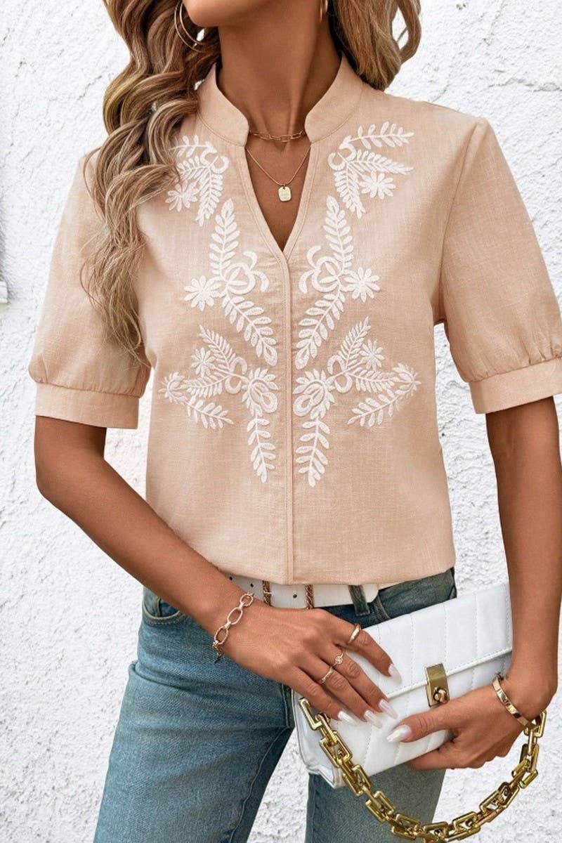 CWTBLS2269_V-NECK COTTON EMBROIDERED SHORT SLEEVE SHIRT