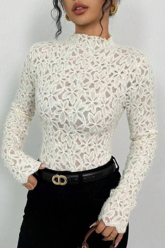 CWTBLL3915_LACE LETTUCE EDGE MOCK NECK SLIM FIT TEE