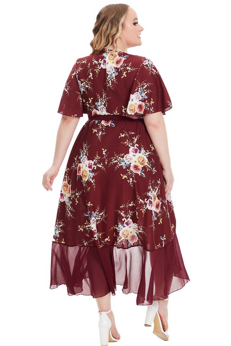 CWDMD3239_PLUS SIZE V-NECK RUFFLE IRREGULAR PRINT LONG DRESS