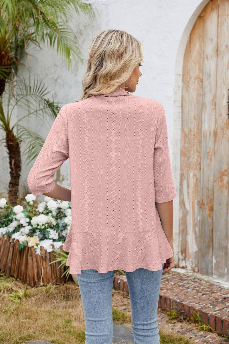 CWOCO1162_SOLID COLOR 3/4 SLEEVE RUFFLED CARDIGAN