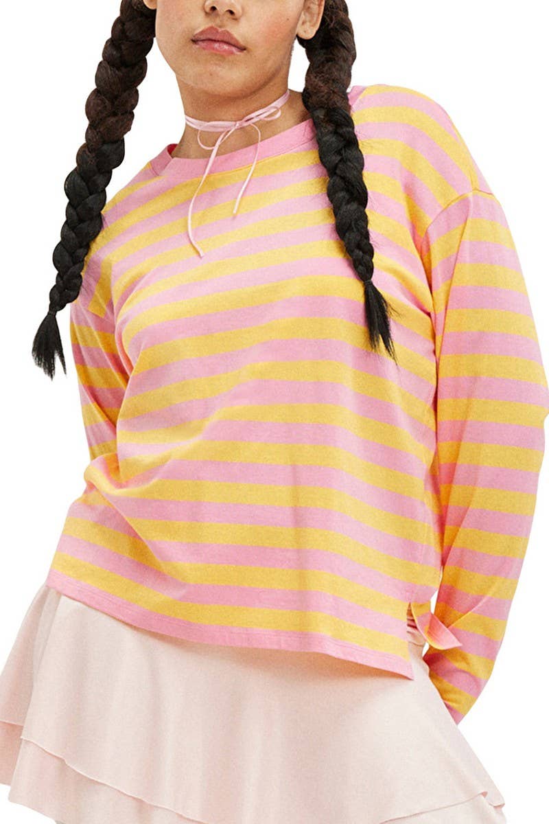 CWTBLL3969_RINTED STRIPED PATCHWORK CREW NECK PULLOVER TEE