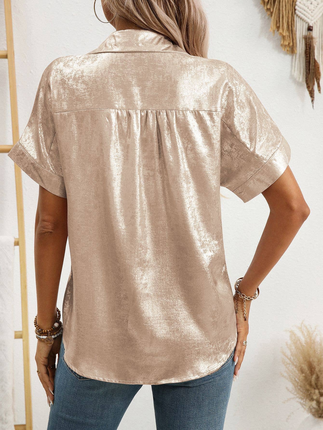 Casual loose short-sleeved lapel metallic shirt