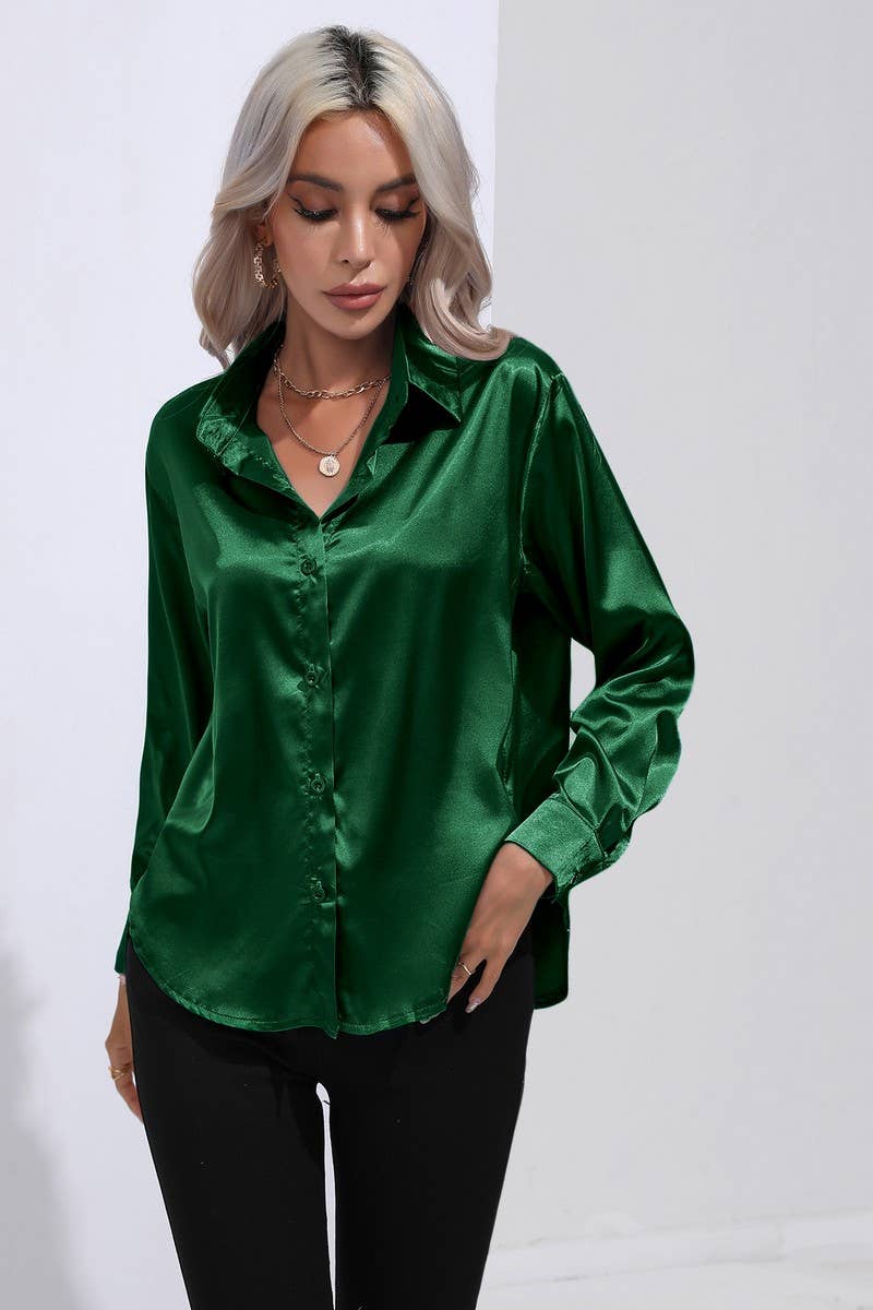 CWTBLL0690_Button Down Silky Satin Long Sleeve Top