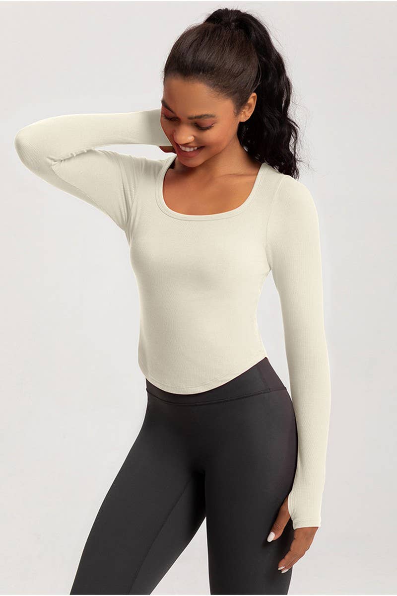 CWTBLL2940_SQUARE NECK TIGHT LONG SLEEVE PADDED FITNESS TOP