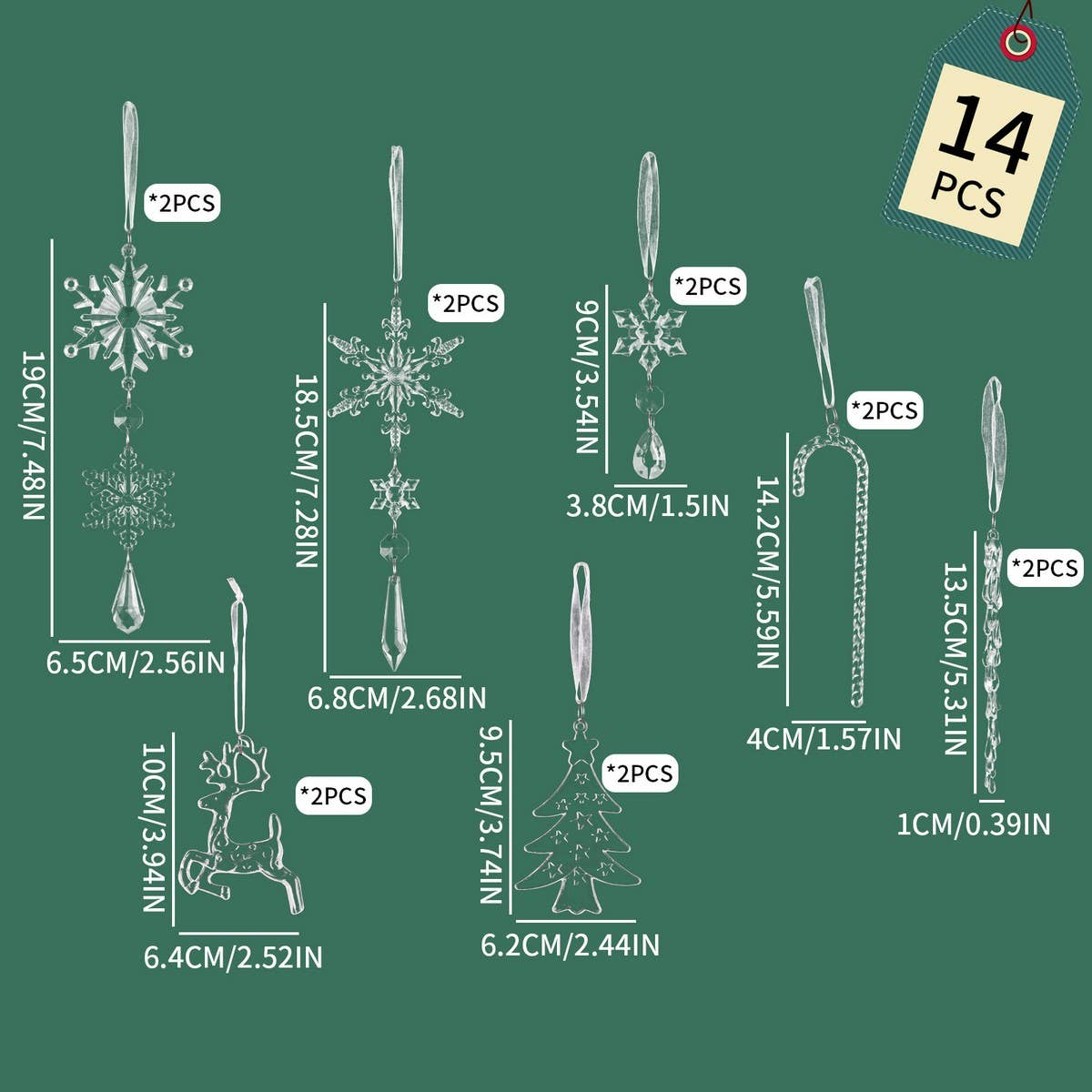 CWMM10188_14PCS ACRYLIC ICICLE REINDEER CHRISTMAS ORNAMENTS