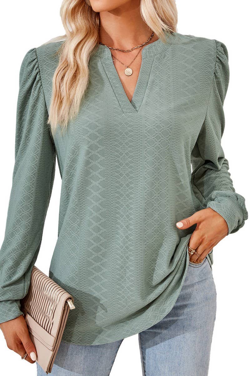 CWTBLL2374_SOLID COLOR V-NECK JACQUARD LONG-SLEEVED TOP