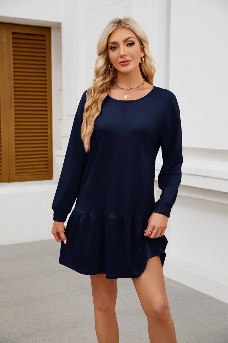 CWDSD8805_ROUND NECK LONG SLEEVE CASUAL DRESS