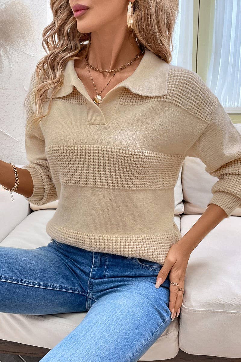 CWOSWL6826_AUTUMN KNITTED LONG SLEEVE COLLAR SWEATER