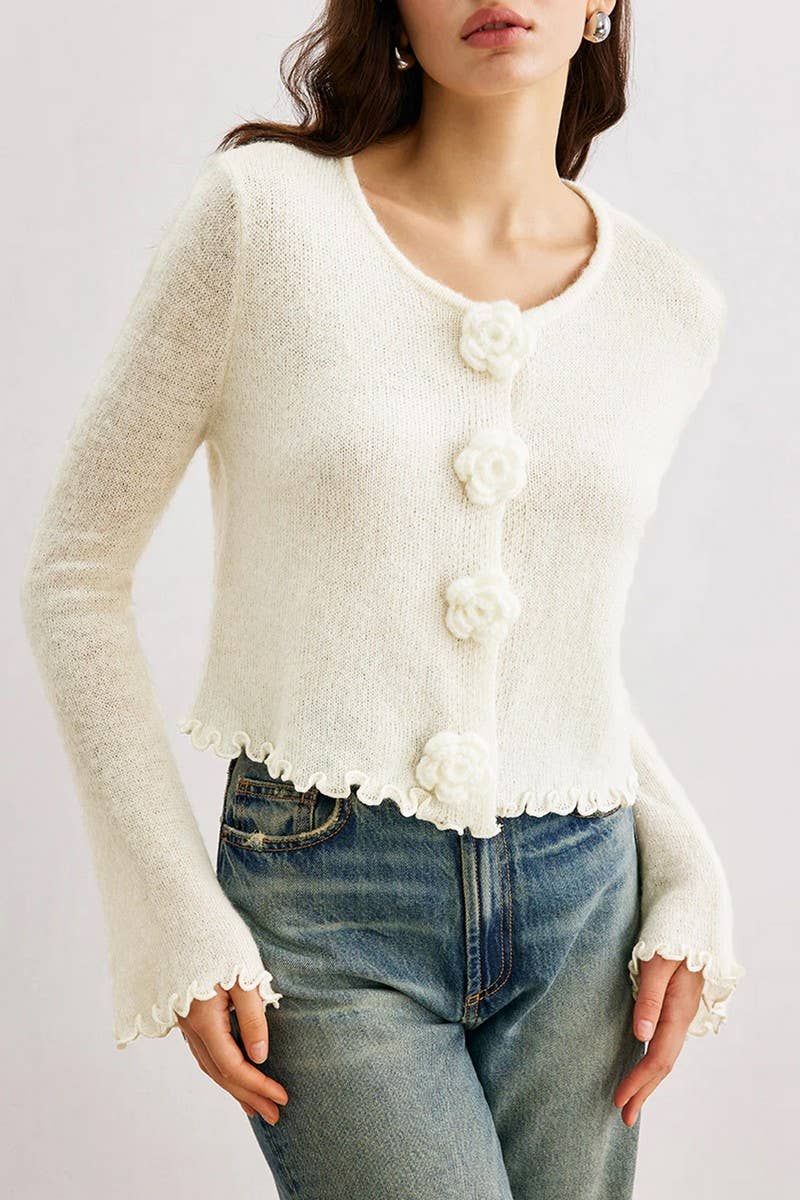 CWOSWL07424_FLORAL APPLIQUE RUFFLE TRIM FITTED KNIT TOP