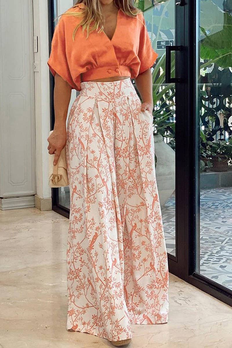 CWSS1249_V-NECK FASHIONABLE PRINTED WIDE-LEG PANTS SUIT