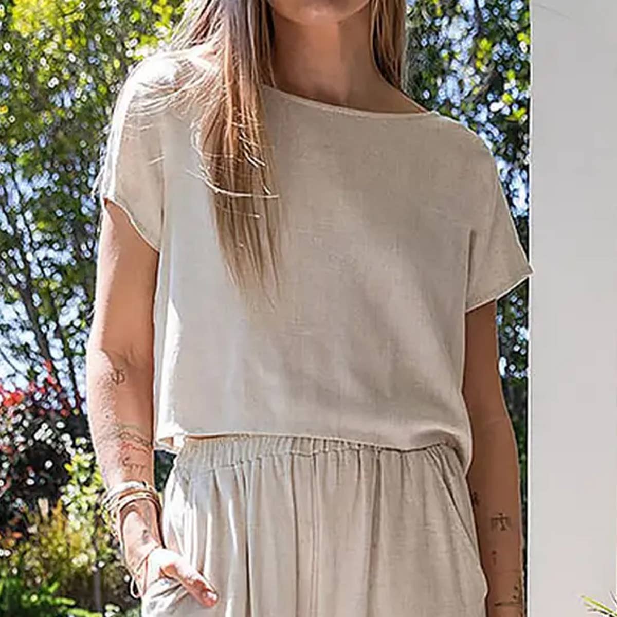 Casual linen loose thin short sleeves blouse