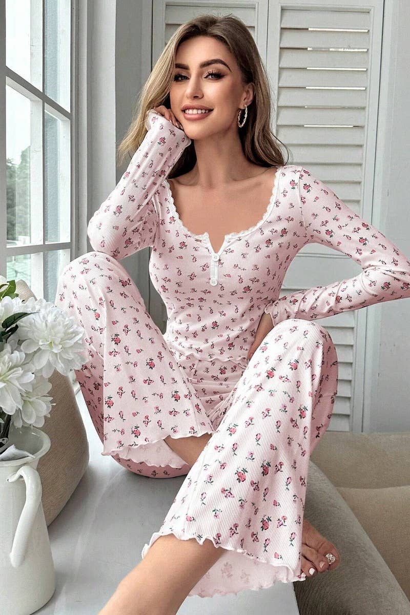 CWSPJ00471_FLORAL LONG SLEEVE TOP AND PANTS LOUNGEWEAR SET
