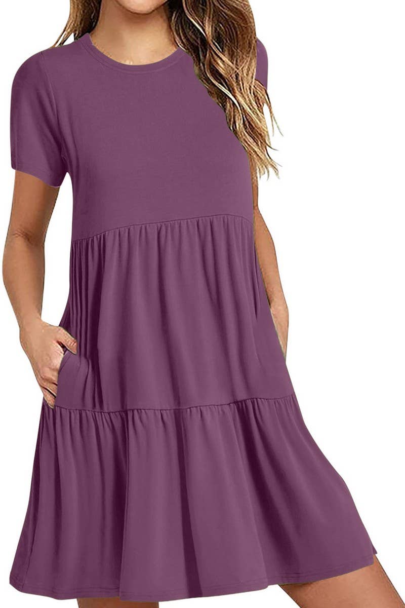 CWDSD8922_ROUND NECK SOLID COLOR CASUAL STITCHING DRESS