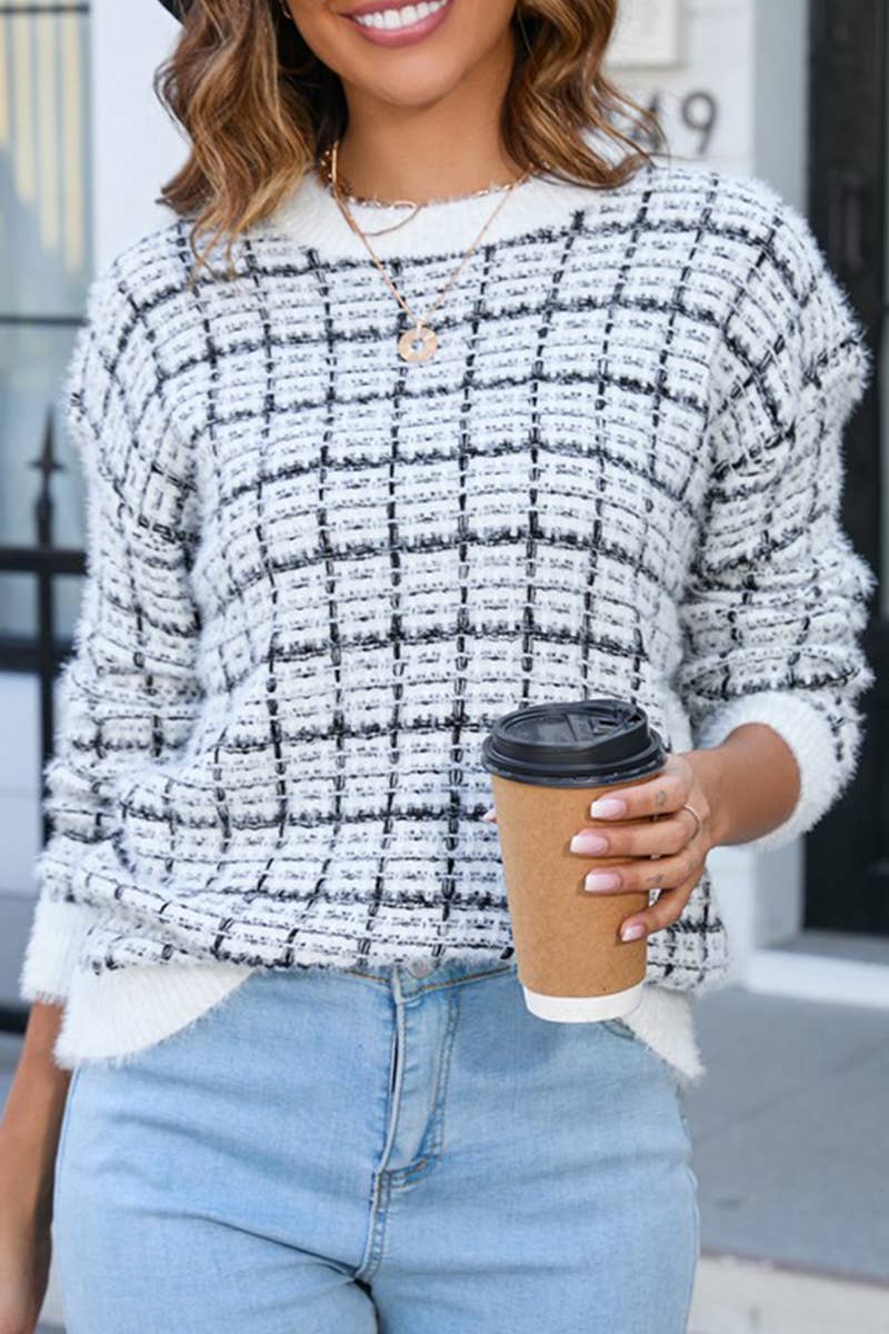 CWOSWL1691_Crew Plaid Neck Long Sleeve Pullover Sweater