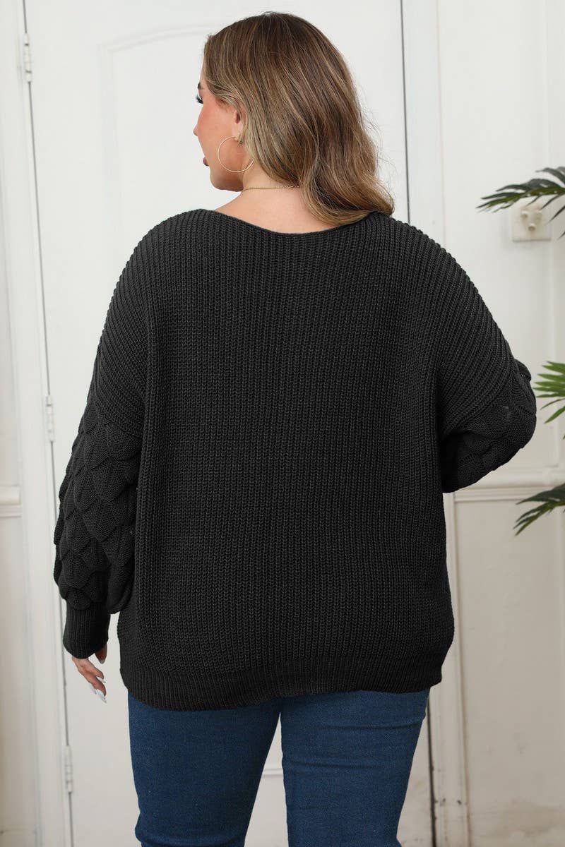 CWTTT00020_PLUS SIZE V NECK PUFF SLEEVE KNIT SWEATER TOP
