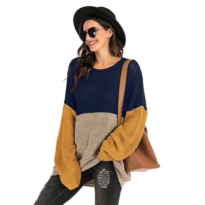 COLOR CONTRAST LOOSE SLIMMING CREW-NECK SWEATER