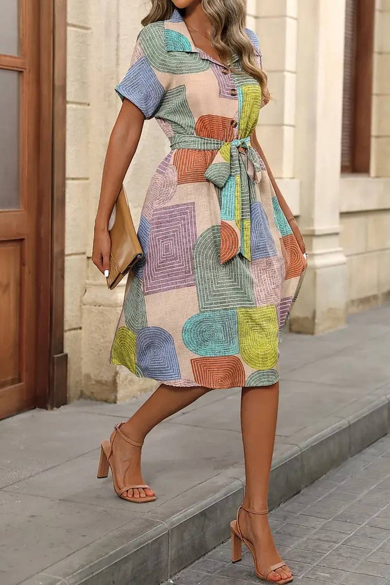 CWDSD8570_GEOMETRIC PRINT SHORT SLEEVE BELTED DRESS