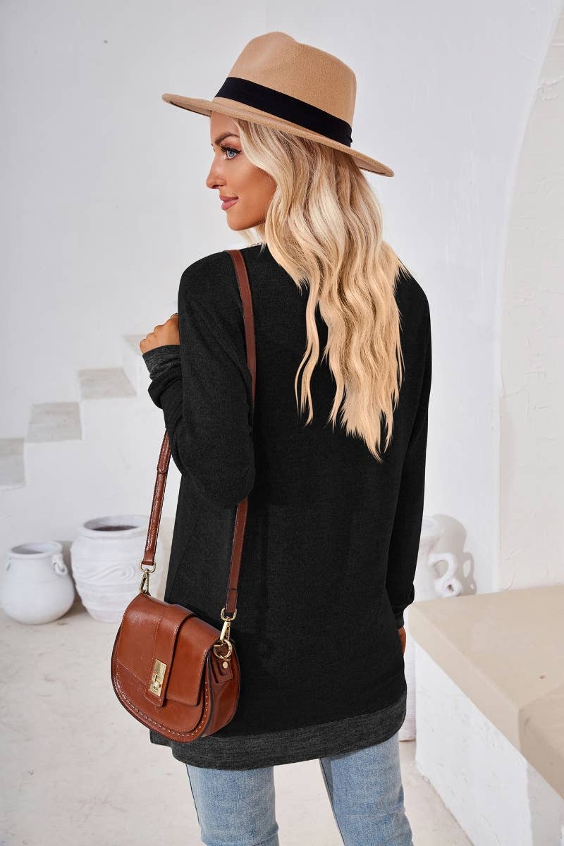 CWTBLL2691_FALL V-NECK LACE PATCHWORK LONG-SLEEVED TOP